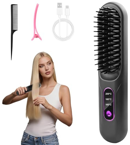 Stylingbürste für Kurze Haare, Haarbürste Elektrisch für Langes Haare, Glättbürste Kabellos mit 3 Wärmestufen, Haarglätter Bürste Kabellos für Reisen und Täglichen