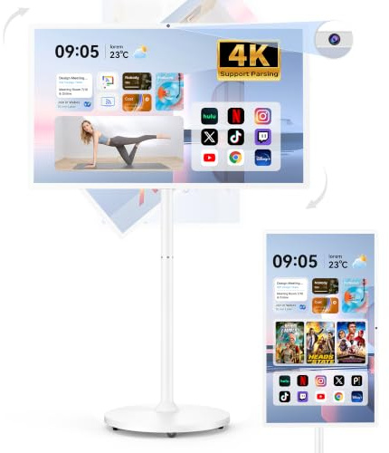 Bisprico 32 Portable Smart TV on Wheels, Qualcomm CPU, EDLA-Certified, Built-in 22000mAh Battery, 16+128GB, Android 14 OS Rolling Tablet TV, Full Swivel Rotation, Remote Control, 13MP Webcam