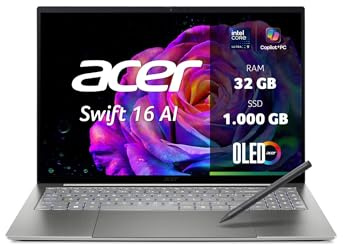 Acer Swift 16 AI OLED, Laptop, Ultra X9, 32GB RAM, 1TB SSD | 16 OLED 120Hz Display Touch, Intel Core Ultra X9 388H, 32GB RAM, 1TB SSD, Arc B390, Windows 11, QWERTZ, SF16-71T-993G