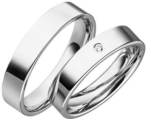 JC Trauringe 925er Sterling Silber I Ehe-Ringe mit kostenloser Gravur I Verlobungsringe 4,5mm breit inkl. Etui-Box I Herren-Ring ohne & Damen-Ring mit Zirkonia-Stein I Gr. 48 bis 72 I S014