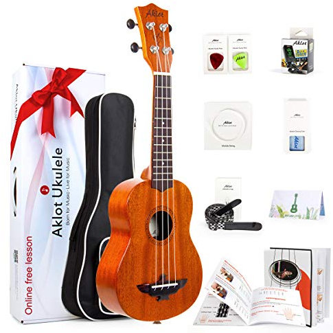 AKLOT Ukulelen Sopran 21 Zoll Ukulele Professional Anfänger Hawaii-Gitarre Musikinstrumente Bundle mit Robustes Buch, Stimmgerät, Tasche, 3 Picks und Aquila Qualitäts-Saiten