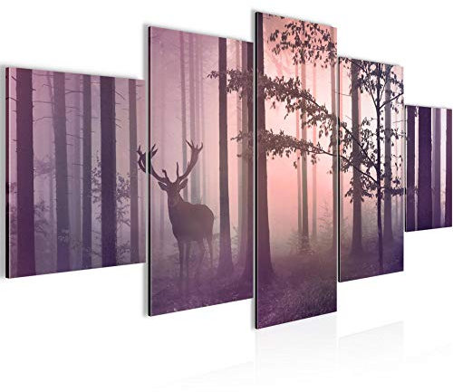 Runa Art - Bilder Wald Hirsch 200 x 100 cm 5 Teilig XXL Wanddekoration Design Rosa 013451b