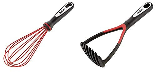 Tefal K2071714 Ingenio Fouet en Silicone Anti-Rayure ustensile de Cuisine Noir et Rouge résistant & K2071214 Ingenio Presse-Purée/Ecrase Purée ustensile de Cuisine Noir résistant