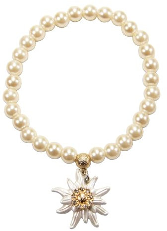 Alpenflüstern Trachten-Perlenarmband Strass-Edelweiss Greta - Damen-Trachtenschmuck mit Weiss-Gold-farbenem Strass-Edelweiss, elastische Trachten-Armkette, Perlenarmband Creme-weiß DAB077