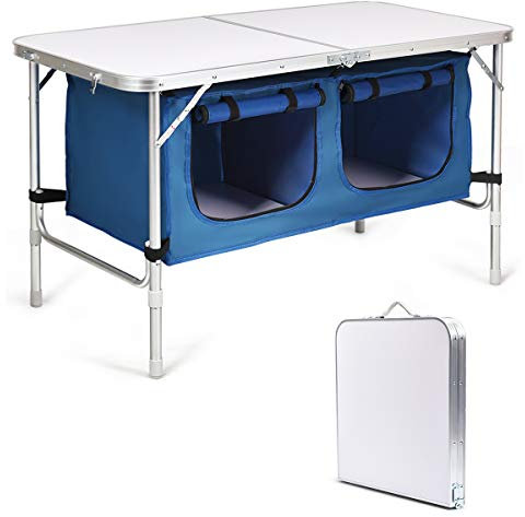 COSTWAY Campingküche mit großem Stauraum, Reiseküche Klapptisch Alu Höhenverstellbar von 53-70cm, Gartentisch Picknicktisch Campingschrank (Blau)