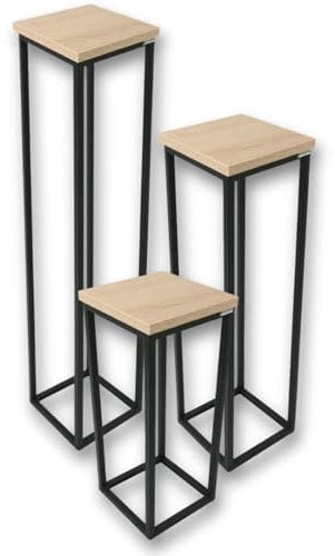holz4home® Dekoständer aus MDF I Blumenständer MDF Sonoma Eiche I Pflanzentreppe Industrial Style mit Metallgestell I Fertig montiert I Für Wohnzimmer, Küche, Büro, Flur mit Vintage Stil (3-TLG. Set)