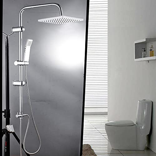Square Waterfall Bath Shower System, Modern Shower Mixer Kit with Riser Rail Kit Dual Rainfall Shower Heads Handset, Anti Scald, Single Lever Easy to Use, Chrome
