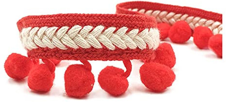 SHTGOI Pomponborte Bommelborte 5 Yards 12mm Pompon Borte zum Nähen Pom Poms Fransenborte Pompons Quaste Spitze Bommelband für DIY Basteln Kostüme Kleidung Vorhang Nähen Dekoration Rot