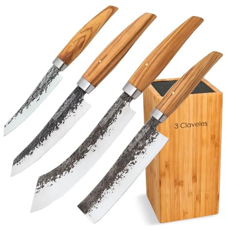 PracticDomus 3 Claveles - Juego de 4 Cuchillos de Cocina Profesionales en Acero Forjado Martilleado con Taco Incluido (4X Takumi)