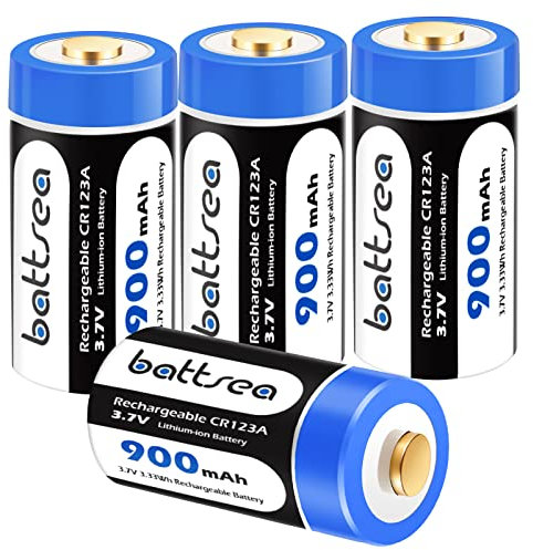 Battsea 900mAh 123A / 123 Batteria al litio ricaricabile 3.7V Confezione da 4 Compatible with Arlo Fotocamera VMC3030 VMK3200 VMS3230 VMS3330 VMS3430 Torce Microfono Rilevatore di fumo Sveglia