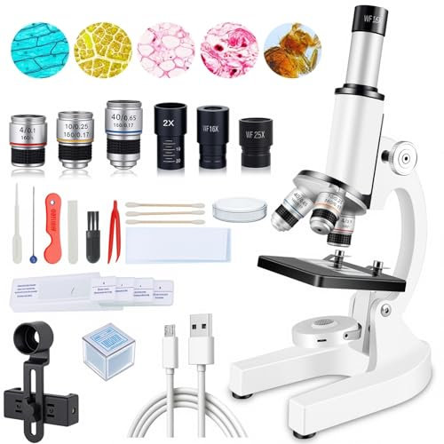 Microscopio Misoterm 40X-1000X per bambini con illuminazione, adattatore per smartphone, kit da laboratorio e molti accessori, microscopio professionale