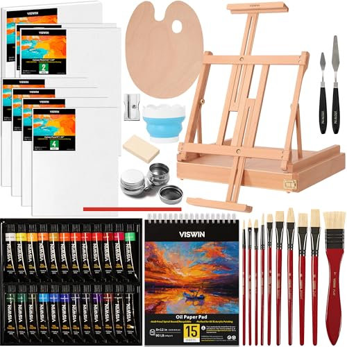 VISWIN Deluxe Oil Paint Set with Beech Wood Easel Box, Advanced Painting Kit with Paint Brush, Canvas, Palette, Oil Cup, Brush Washer, Pencils & More Art Supplies, Painting Set for Adult, Kid, Artist