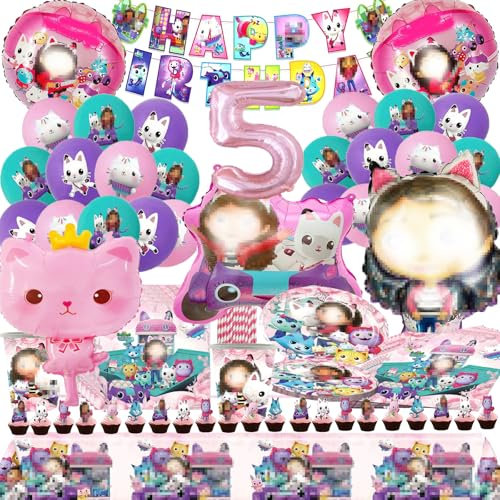 102 PCS Anime Vaisselle Anniversaire 5 Ans, Decoration Anniversaire Baby Chat, Vaisselle de Fête D'anniversaire de Dessin Animé Chat, Decoration Anniversaire Fille,Fête Assiettes Gobelets Serviettes