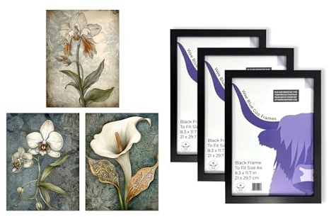 Artery8 Floral Wall Art - Set of 3 A4 Sized Art with Black Frames - Elegant Single Calla Lily and Orchids Flowers Calming Art Deco Style