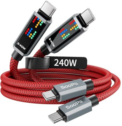 SooPii 240W USB C PD Ladekabel, superschnelles Laden mit 3 Lauflichteffekten LED Anzeigen,USBC auf USB C Kabel für iPhone 16/15, MacBook, iPad, Galaxy S25/S24,1,2m, Rot