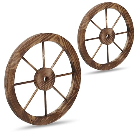 Relaxdays wooden wagon wheel, 2-piece set, decor for garden, patio, veranda, rustic spoked wheel, saloon, western, brown