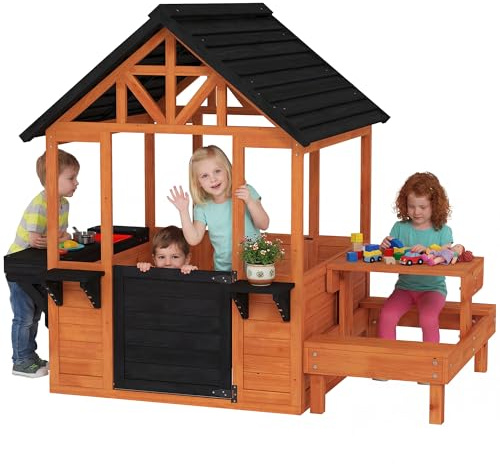 AIYAPLAY Outdoor Wooden Playhouse Picnic Table, Bench Ages 3-8, Light Brown