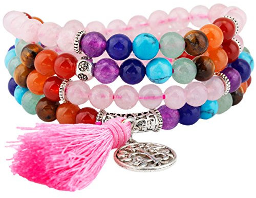 Shanxing 6mm Rose Quartz & Chakra Crystal 108 Prayer Beads Mala Wrap Bracelet for Women, Pink Worry Beads Decorative Healing Crystal Bracelet Jewellery Gift Buddha Reiki Meditation Stone Necklace