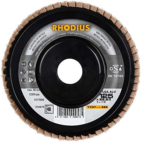 RHODIUS LGA ALU 10 Stück Profi Fächerschleifscheiben Ø 125 K40 für Aluminium, NE-Metalle, Holz, für Winkelschleifer, Schleifscheibe, Schleifmopteller, Flexscheibe