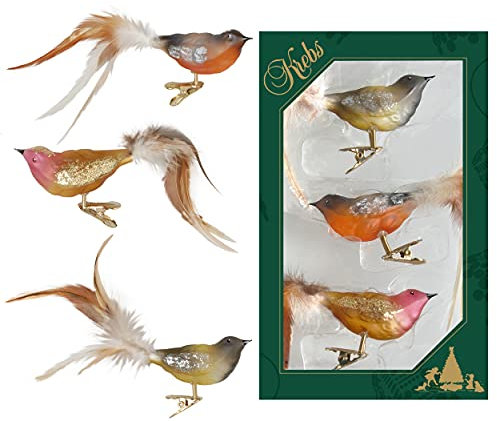 Krebs Glas Lauscha - Decorazione natalizia/decorazione per albero di Natale in vetro – Uccelli su clip – Colore: trasparente naturale – 3 pezzi – Dimensioni: circa 11 cm