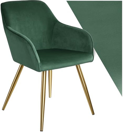 tectake® Esszimmerstuhl, Sessel bequem mit Armlehne, Polsterstuhl, Samtstoff Cocktailsessel, Loungesessel für Wohnzimmer, Esszimmer, Moderne Küchenstühle, Bürostuhl dunkelgrün/Gold