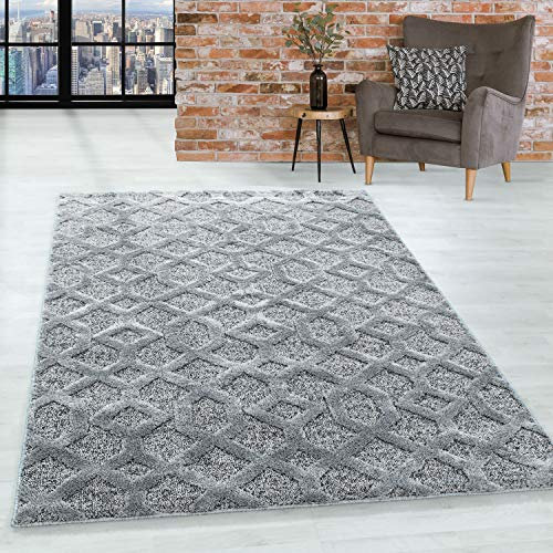 HomebyHome Hochflor Shaggy Teppich - 3D Retro Design, 240x340 cm, Grau - Für Wohnzimmer, Schlafzimmer, Esszimmer, Küche - Boho, 20 mm Florhöhe, Extra Weich, Flauschig, Pflegeleicht