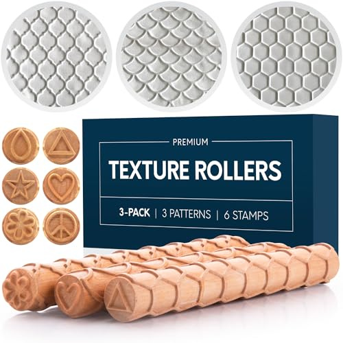 Byllstore Extra große Ton-Textur-Rollen mit Keramikstempeln | 3 Texturrollen | 6 Tonstempel | 3er-Pack (22,9 x 3 cm, 3 Stück)