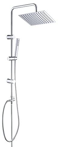 Görbach Edelstahl Duschset ohne Armatur, Chrom Duschsystem mit Regenduschset, Duschgarnitur, Handbrause, Überkopfbrause eckig 20x20cm