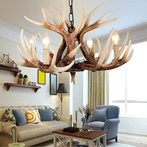 Geweih Kronleuchter Hängelampe Retro mit Antler Hängeleuchten Vintage Harz 6 Licht Pendelleuchte antiken Jane Wohnzimmer Hängelampe Höhenverstellbar Dachboden Bar Cafe Esszimmer Deckenleuchte