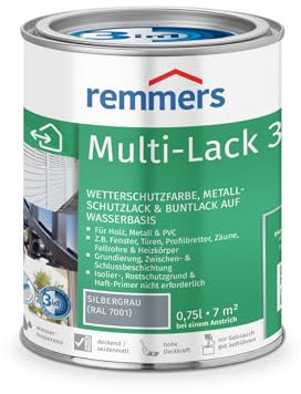 Remmers Peinture isolante Multi 3 en 1 Gris argent (RAL 7001), 0,75 litres, Peinture aqueuse pour bois, zinc, aluminium, PVC, pour intérieur et extérieur.