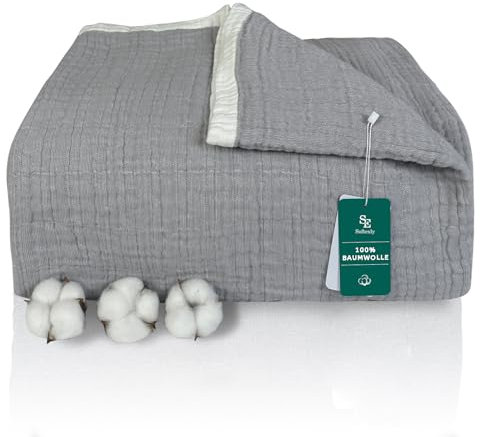 SE SOFTEXLY Kuscheldecke Baumwolle 100%, 4-lagige Weiche Kuscheldecke Musselin Tagesdecke, Bett-Überwurf Sommerdecke Sofadecke Wohndecke für Ganze Saison als Sofaüberwurf Grau Blanket 230x260cm