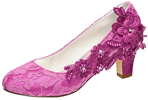 Emily Bridal Scarpe da Sposa Donna Raso di Seta Come Tacco Spesso Stiletto con Pizzo Fiore Cristallo Perla (EU39, Fucsia)