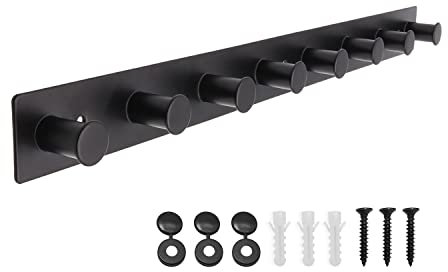 Porte-manteau mural blanc à vis, crochets de porte en acier inoxydable pour accrocher chapeaux, serviettes, vêtements, tringle à crochet avec 4 cintres ronds (noir, 8 crochets)