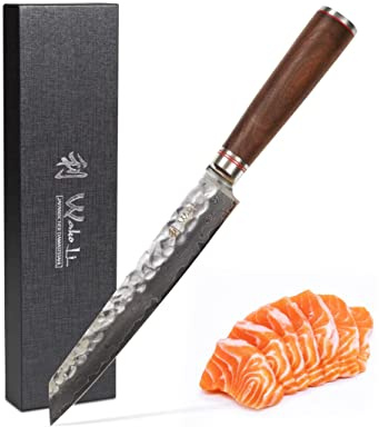 Wakoli Nussbaum Tranchiermesser, 20 cm, 67 Lagen Damaststahl mit VG-10-Kern | K-Tip, Hammerschlag, Nussbaumholzgriff, 15° V-Schliff je Seite, 60 ± 2 HRC; für Fleisch, Fisch und Braten, inkl. Geschenkbox.