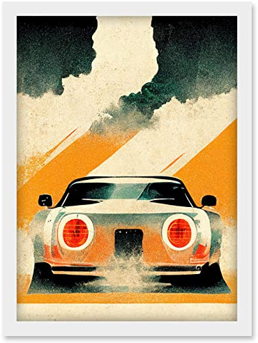 Doppelganger33 LTD Japanese Sports Car Vintage Vector Yellow Silver Black Artwork Framed Wall Art Print A4
