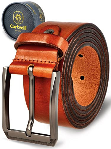 Cartvelli Premium Ledergürtel Herren Braun Cognac 110cm Made in Germany mit Geschenkbox Echt-Leder Herrengürtel Vollleder Jeansgürtel Leder Gürtel 38mm Anzug jeans chino pants LordM22b-110