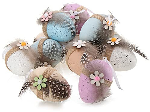 com-four® 12x Ostereier zum Aufhängen 7 x 5 cm, mit Federn und Holz-Blume - farbige Ostereier in Wachtelei-Optik - Aufhänger für den Osterstrauch aus Kunststoff - Hängedeko für Ostern in 4 Farben