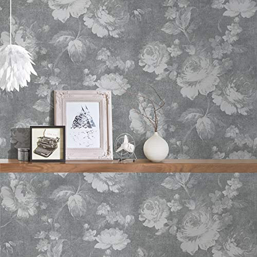 BRICOFLOR Blumen Tapete | Vintage Tapete mit Rosen | Graue Vliestapete mit Blumen in Leinenoptik nostalgisch | Romantische Vlies Rosentapete für Schlafzimmer und Esszimmer