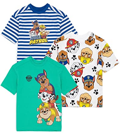 PAW PATROL Boys T-Shirts 3er Pack | Kleinkind Kinder Trümmerjagd Marshall Rescue Welpen | Blau Grün Weiß Top | TV-Show Geschenke
