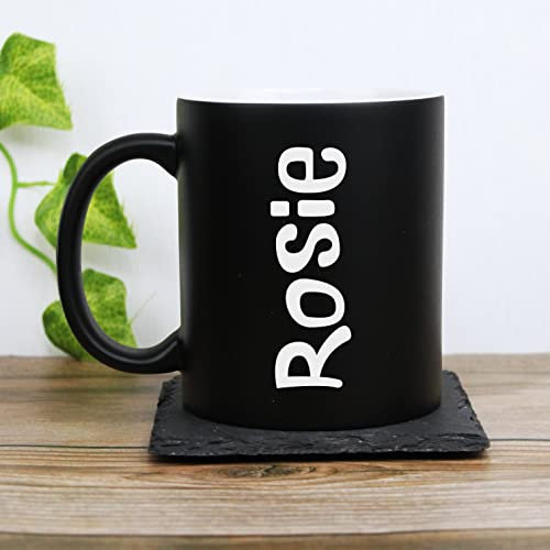 eBuyGB Personalised Neon Coffee Mug 310ml Ceramic Laser Engraved Bright Fluorescent Matt Finish Tea Cup - Customised Birthday, Christmas, Wedding Gift Idea - Unisex Custom Name (Black)