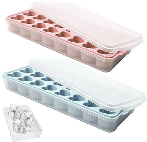 2 Pack Heart Shpaed Ice Cube Trays with Lids and Bins, Heart ice Molds with Ice Storage Box, 48 Holes Silicone Heart Ice Cube Tray for Whiskey Cocktail Fun Shapes Ice Cubes, with Lid & Bin