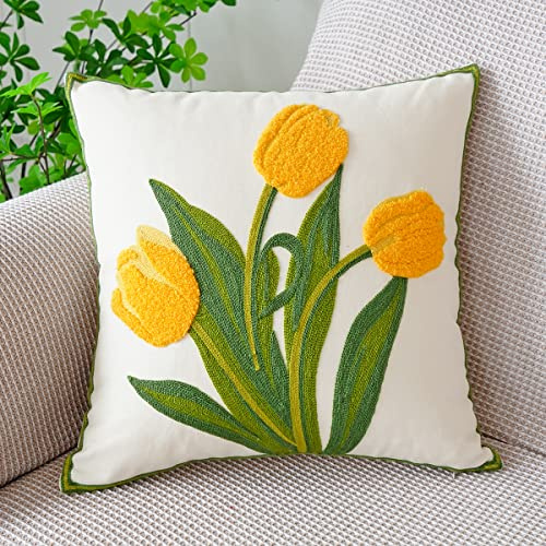 vctops Farmhouse Tulip Cotton Tufted Throw Pillow Cover Spring Floral Embroidery Pillowcase Soft Square Cushion Case for Sofa Couch Bed Chair (Yellow,18x18)