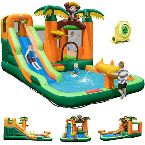 GOPLUS 7 en 1 Castillo Hinchable Mono Parque Infantil Inflable con Tobogán, para 1-3 Niños de 90 kg, 50 Bolas Oceánicas Mono, con Soplador de 680 W
