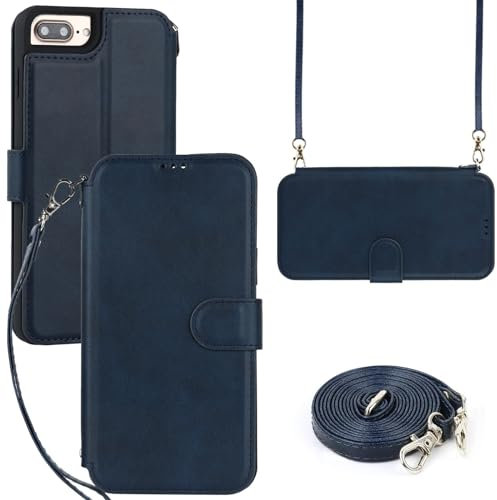 ELTEKER for iPhone 7 Plus/8 Plus Phone Case with Shoulder Strap Crossbody Lanyard, PU Leather Flip Cover Wallet Case with Card Holder for iPhone 7 Plus/8 Plus (5.5 Inch)- Blue