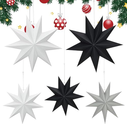 mizikuu 5 Stück Papiersterne für Weihnachts Deko, 3D Faltstern Weihnachten 9 Zacken Stern Deko Weihnachtssterne Sterne Papier zum Aufhängen Fensterdekoration für Advent, Weihnachtsbaum