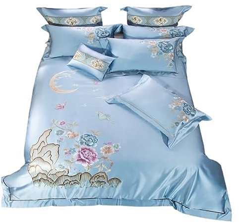 DRMEE Bettwäsche Vierteiliges Bettwäsche-Set, Satin-Jacquard-Bettlaken-Set, Hautfreundliches, Weiches Bettlaken-Set Bettwäsche-Set (Color : Blue, Size : 1.8/2m Bed)