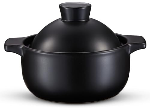 Kook Dolsot Topf-Set aus koreanischem Steingut, Steinschale mit Deckel, zum Kochen von Bibimbap, Kimchi, Hot Pot, Suppen und Eintöpfen, ofen- und spülmaschinenfest, 1,9 l, Schwarz