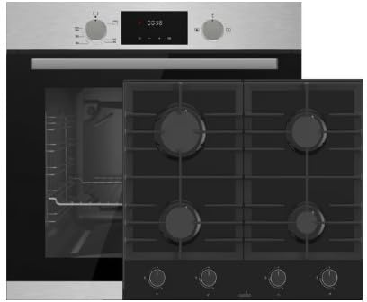Gasline Gas Herdset Gas- Einbackofen GB850-FIX Umluft, Grill und Drehspieß + Gaskochfeld 60cm Schwarz Glaskeramik 4 Brennern