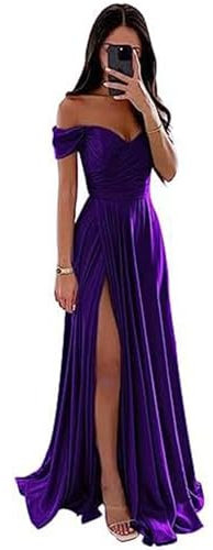 ECDAHICC Abito da damigella d'onore da donna, in raso, a spacco lungo, elegante, formale, linea ad A, abito da sposa e da festa, Lilla, L