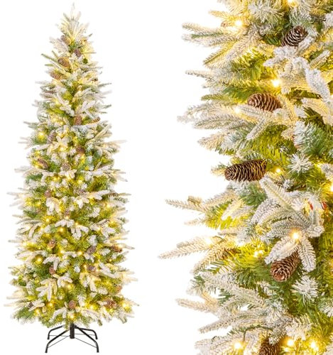 LIFEZEAL Albero di Natale con Luci Incorporate, Albero di Natale 190 cm, Albero di Natale, Slim e Innevato, con 280 Luci LED Bianche Calde, Rami Articolati e 671 Punte e 60 Pigne, Christmas Tree